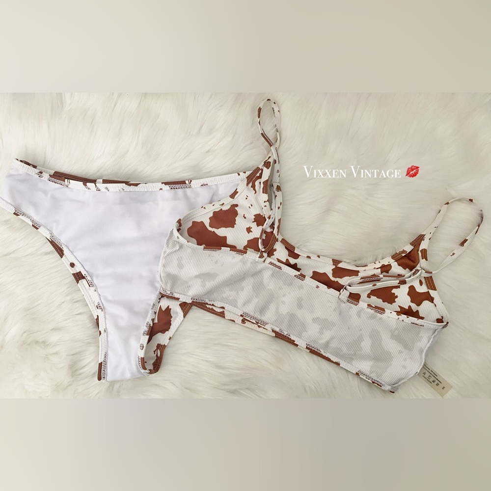 BROWN COW PRINT RIBBED 2-PIECE BIKINI SET - Picture 4 of 6